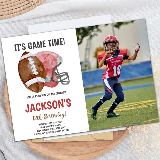 Red Brown Football Anniversaire Invitation avec ph