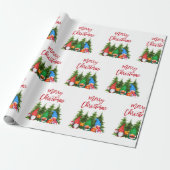 Red Brush Script Kerst Waterverf Gnomes Trees Cadeaupapier (Uitgerold)