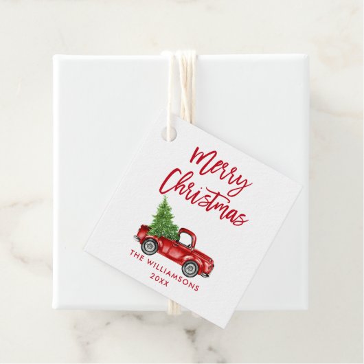 Red Brush Script Kerstmis  Truck Bedankjes Labels (In situ)