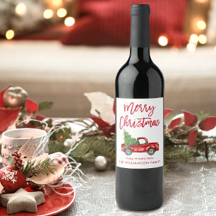 Red Brush Script Kerstmis Truck Wijn Etiket