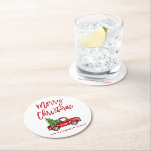 Red Brush Script Red Truck Kerstboom Ronde Kartonnen Onderzetter