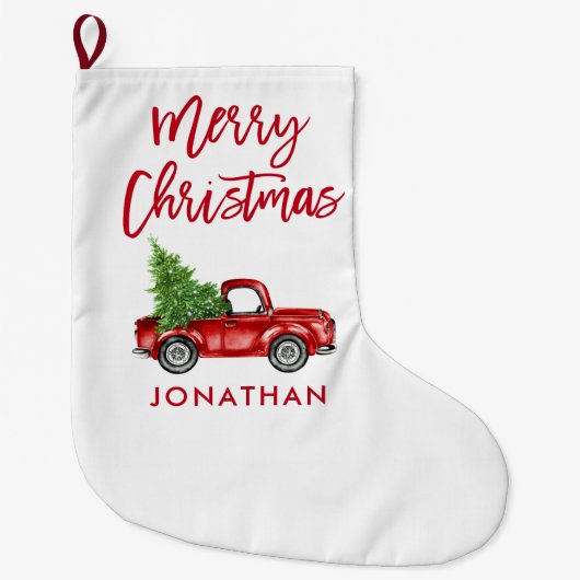 Red Brush Script  Red Truck Tree Grote Kerstsok (Voorkant)