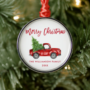 Red Brush Script Waterverf  Red Truck Metalen Ornament