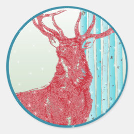 Red Buck Deer Aqua Birch Tree Snowflake Ronde Sticker