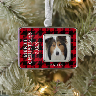 Red Buffalo Check Hondenfoto gepersonaliseerd Verzilverd Kader Ornament