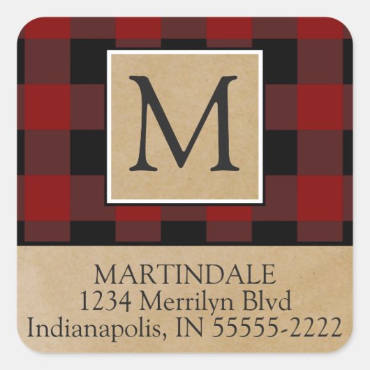 Red Buffalo Check Monogram Retouradres Vierkante Sticker (Voorkant)