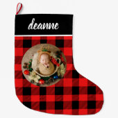 Red Buffalo Plaid Baby's eerste kerstfoto Grote Kerstsok (Voorkant)