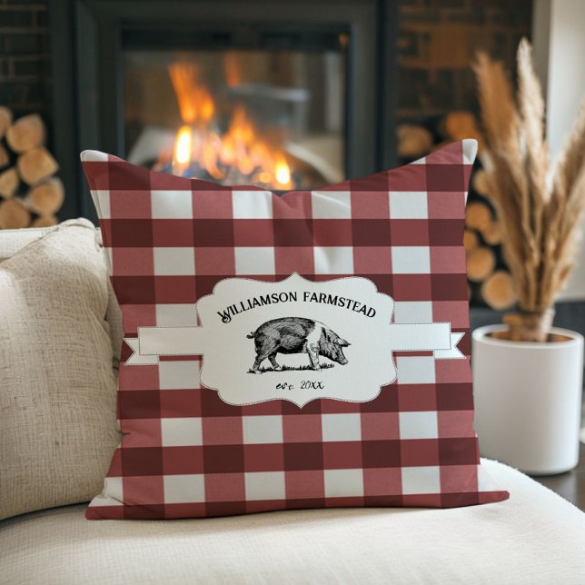 Red Buffalo Plaid Boerderij Varken Sierkussen (Red Buffalo Plaid Farm Pig Throw Pillow)