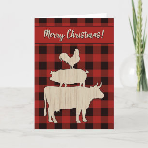 Red Buffalo Plaid Boerderijdieren, Kerstmis Feestdagen Kaart