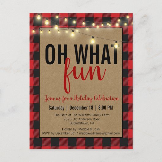 Red Buffalo Plaid Check Fun Holiday Party Uitnodig Feestdagenkaart (Voorkant)