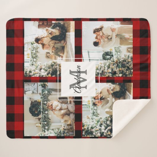 Red Buffalo Plaid & Collage Photo Avec Initiale (Devant (Horizontal))