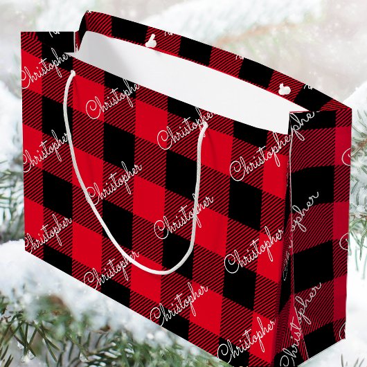 Red Buffalo Plaid Custom Name Rustic Christmas Groot Cadeauzakje