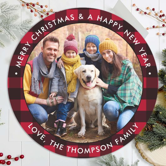 Red Buffalo Plaid Custom Photo Merry Christmas Ronde Sticker