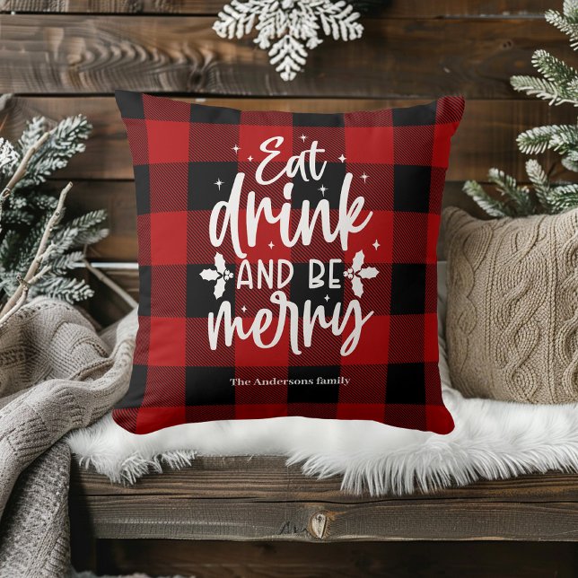 Red Buffalo Plaid “Eat, Drink & Be Merry” Kussen (Creator heeft geüpload)