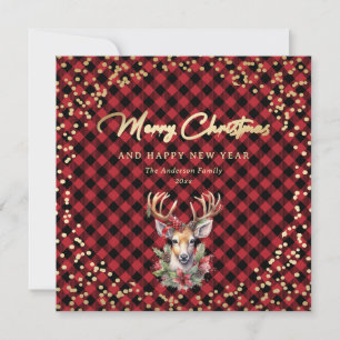 Red Buffalo Plaid Gold Reindeer Snow Feestdagenkaart