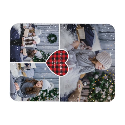 Red Buffalo Plaid Heart Sneeuwfoto Vrolijk Kerstfe Magneet (Horizontaal)