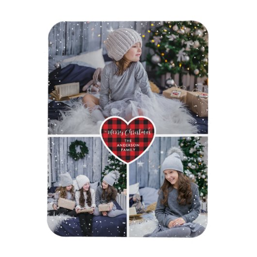 Red Buffalo Plaid Heart Sneeuwfoto Vrolijk Kerstfe Magneet (Verticaal)