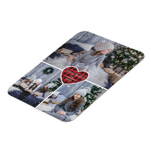 Red Buffalo Plaid Heart Sneeuwfoto Vrolijk Kerstfe Magneet (Linkerzijde)