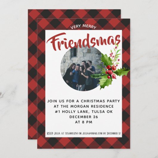 Red Buffalo Plaid Kerstfeest foto uitnodigen Kaart (Voorkant / Achterkant)