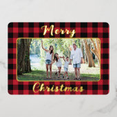 Red Buffalo Plaid Merry Christmas One Foto Folie Feestdagenkaart (Voorkant)