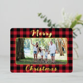 Red Buffalo Plaid Merry Christmas One Foto Folie Feestdagenkaart (Staand Voorkant)