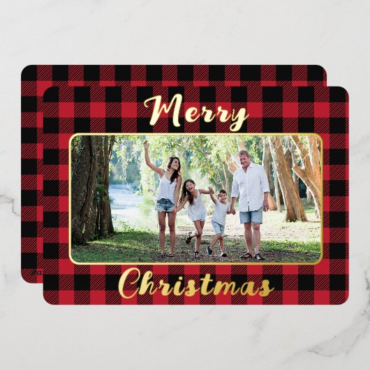 Red Buffalo Plaid Merry Christmas One Foto Folie Feestdagenkaart (Voorkant / Achterkant)