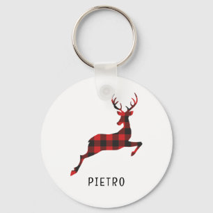 Red Buffalo Plaid Reindeer Kerstmonogram Sleutelhanger