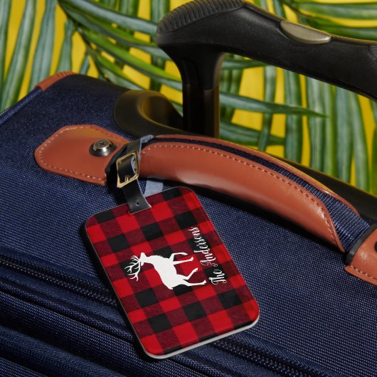 Red Buffalo Plaid & Reindeer | Personal Name Gift Bagagelabel (Voorkant Insitu 1)
