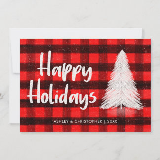 Red Buffalo Plaid Rustieke Boom Trendy Happy Feestdagenkaart