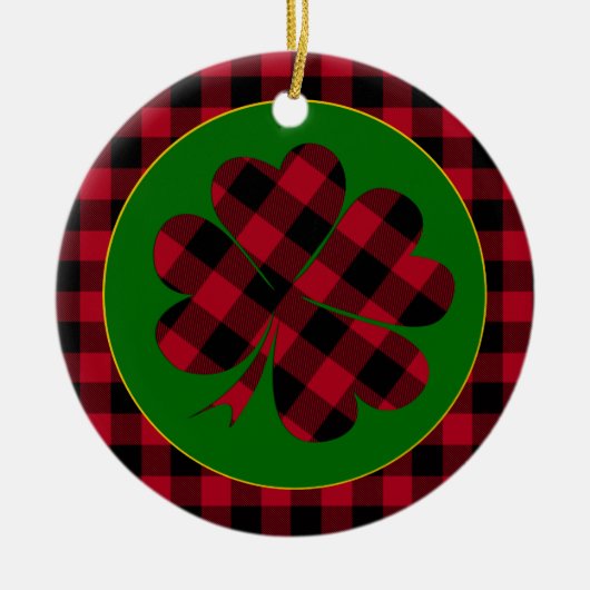 Red buffalo plaid Shamrock, Lucky Clover Charm Keramisch Ornament (Voorkant)