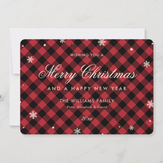 Red Buffalo Plaid Snowflake Feestdagenkaart (Voorkant)