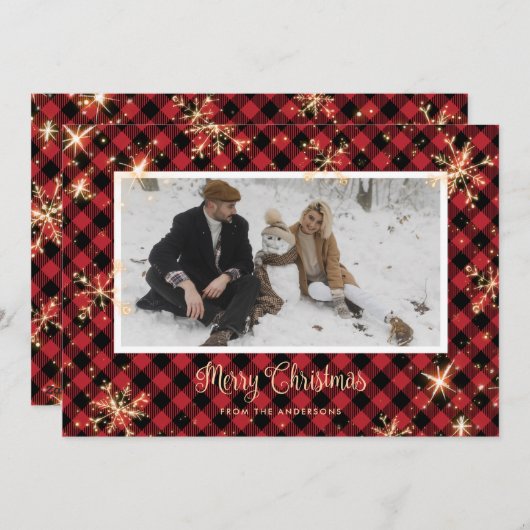 Red Buffalo Plaid Sparkly Photo Cartes de Noël (Devant / Derrière)