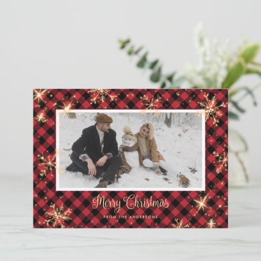 Red Buffalo Plaid Sparkly Photo Cartes de Noël (Debout devant)