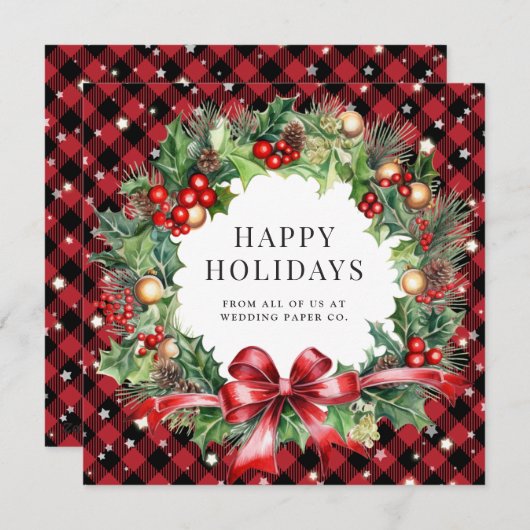 Red Buffalo Plaid Sterren Holly Berries Business Feestdagenkaart (Voorkant / Achterkant)