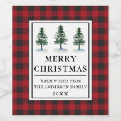 Red Buffalo Plaid Waterverf Pines Vrolijk Kerstfee Wijn Etiket (Enkel label)