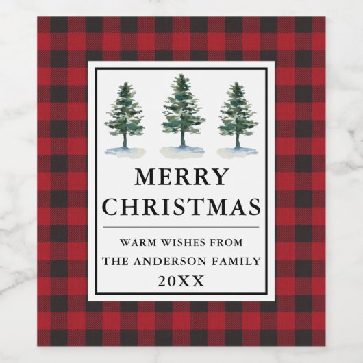 Red Buffalo Plaid Waterverf Pines Vrolijk Kerstfee Wijn Etiket (Enkel label)
