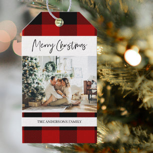 Red Buffalo-pset en prettige kerstmis met foto Cadeaulabel