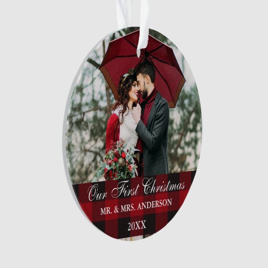 Red Buffalo Pset Weddenschap ons eerste kerstfeest Ornament (voorkant)