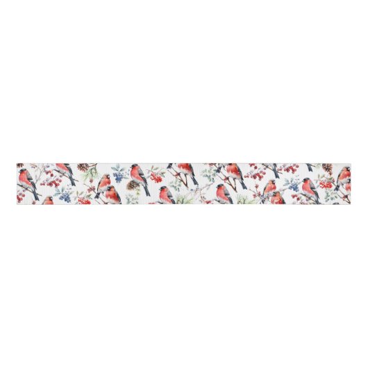 Red Bullfinch Kerstvogels Bessen & dennenappels Grosgrain Lint (Voorkant)