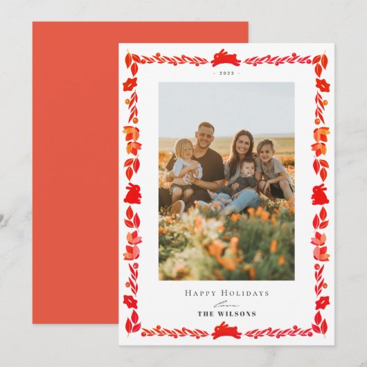 Red Bunny Folk Art Noël Carte photo de Noël (Devant / Derrière)