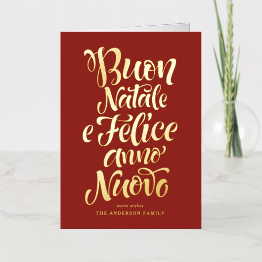 Red Buon Natale e Felice Anno Nuovo Script Folie Feestdagenkaart (Voorkant)