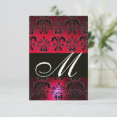 RED BURGUNDY BLACK DAMASK MONOGRAM RSVP ruby white Kaartje (Staand voorkant)