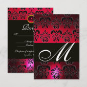 RED BURGUNDY BLACK DAMASK MONOGRAM RSVP ruby white Kaartje (Voorkant / Achterkant)