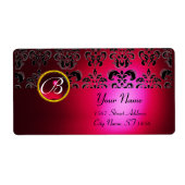 RED BURGUNDY BLACK DAMASK MONOGRAM, RUBY ETIKET (Voorkant)