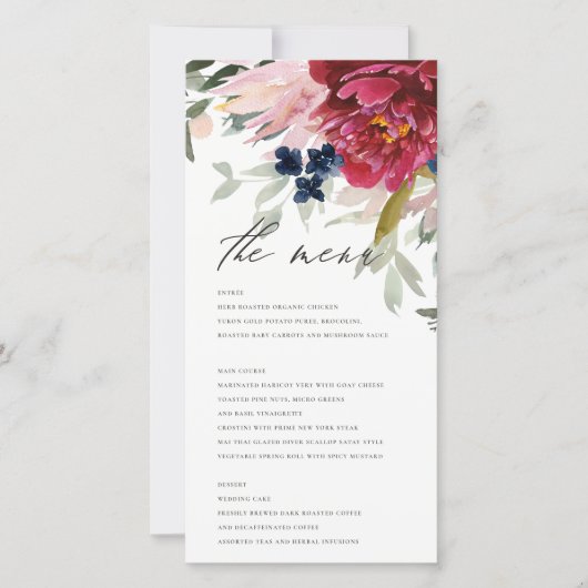 Red Burgundy Blush Blue Floral Wedding Menu Kaart (Voorkant)