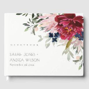 Red Burgundy Blush Blue Peony Floral Bunch Wedding Gastenboek