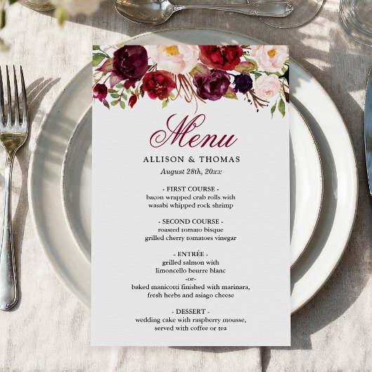 Red Burgundy Blush Floral Chic Weddenrenmenu
