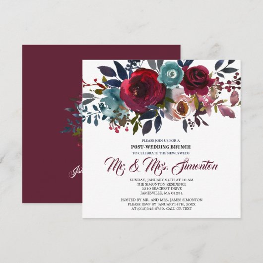 Red Burgundy Floral Post-Wedding Brunch Uitnodigin Kaart (Voorkant / Achterkant)