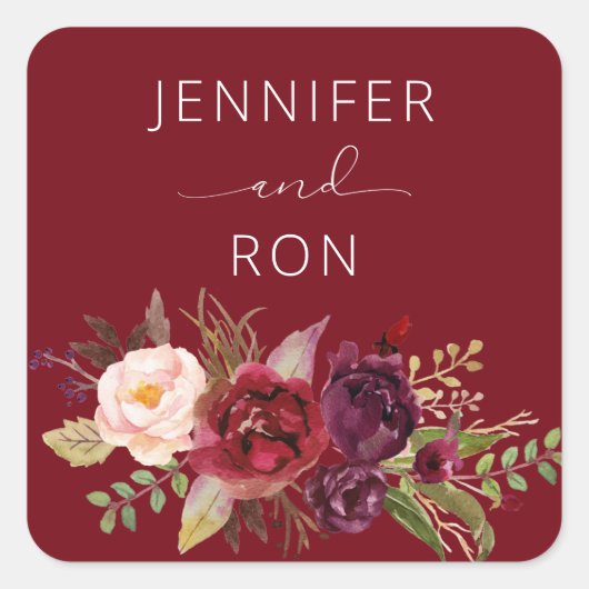 Red Burgundy Marsala Floral Name Square Vierkante Sticker (Voorkant)