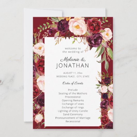 Red Burgundy Marsala Floral Wedding Programme (Devant)
